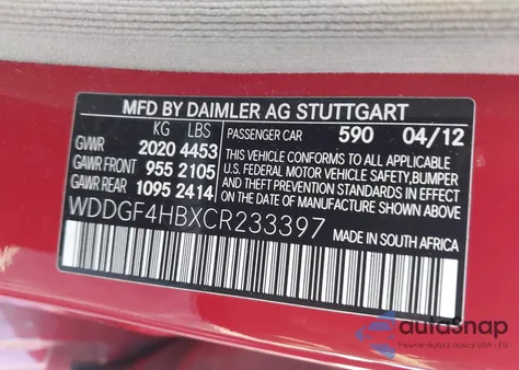 2012 Mercedes-Benz C 250 Luxury/Sport из США, поврежденный, VIN WDDGF4HBXCR233397